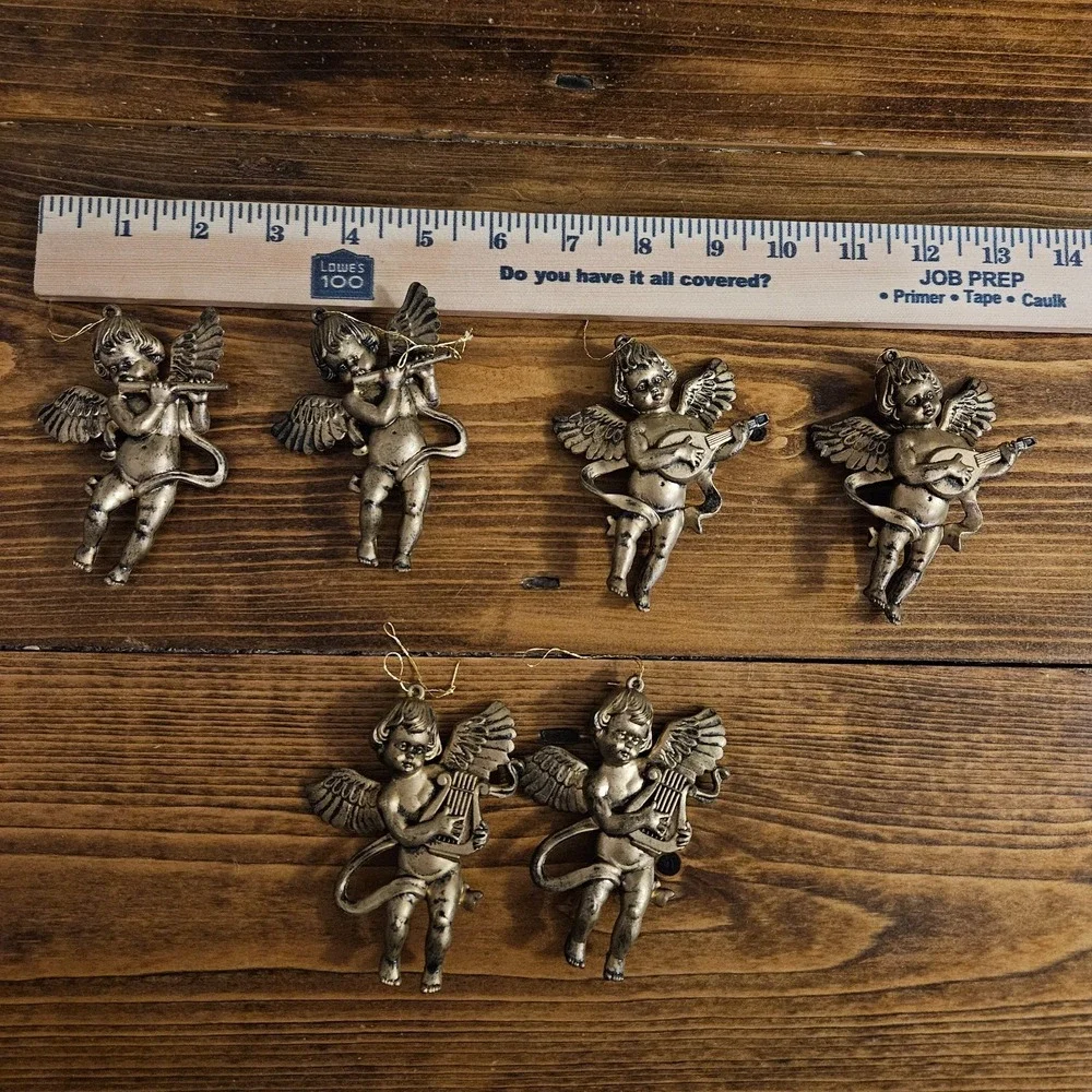 Vintage Cherub Angel Ornaments Set of 6 Gold Tone Musical Angels‎ Christmas